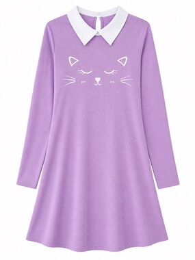 Kawaii Cat Face Peter Pan Collar Dress Purple Long Sleeve Juniors M